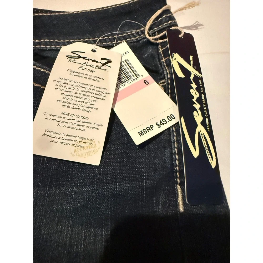 Seven7 Womens Cuffed Denim Shorts Dark Wash Embroidered Pockets Blue Size 6 NWT